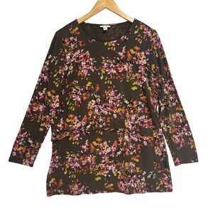 J. Jill Tunic Top Brown Floral Layered Front Stretch Cottage Casual Medium P
